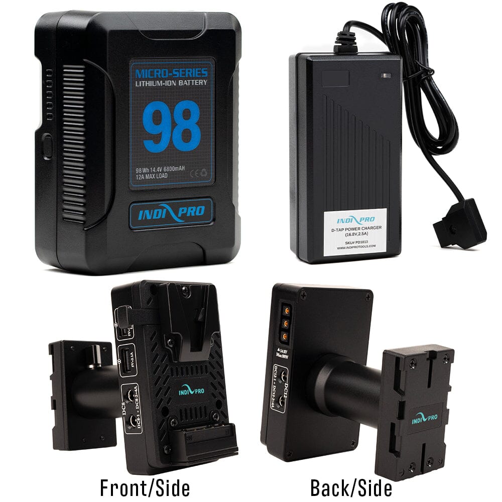 Indipro Micro Series 98Wh V-Mount Battery, Charger & V-Mount to BP-U w/ Multi Outputs Converter Bundle Battery Bundle Indipro