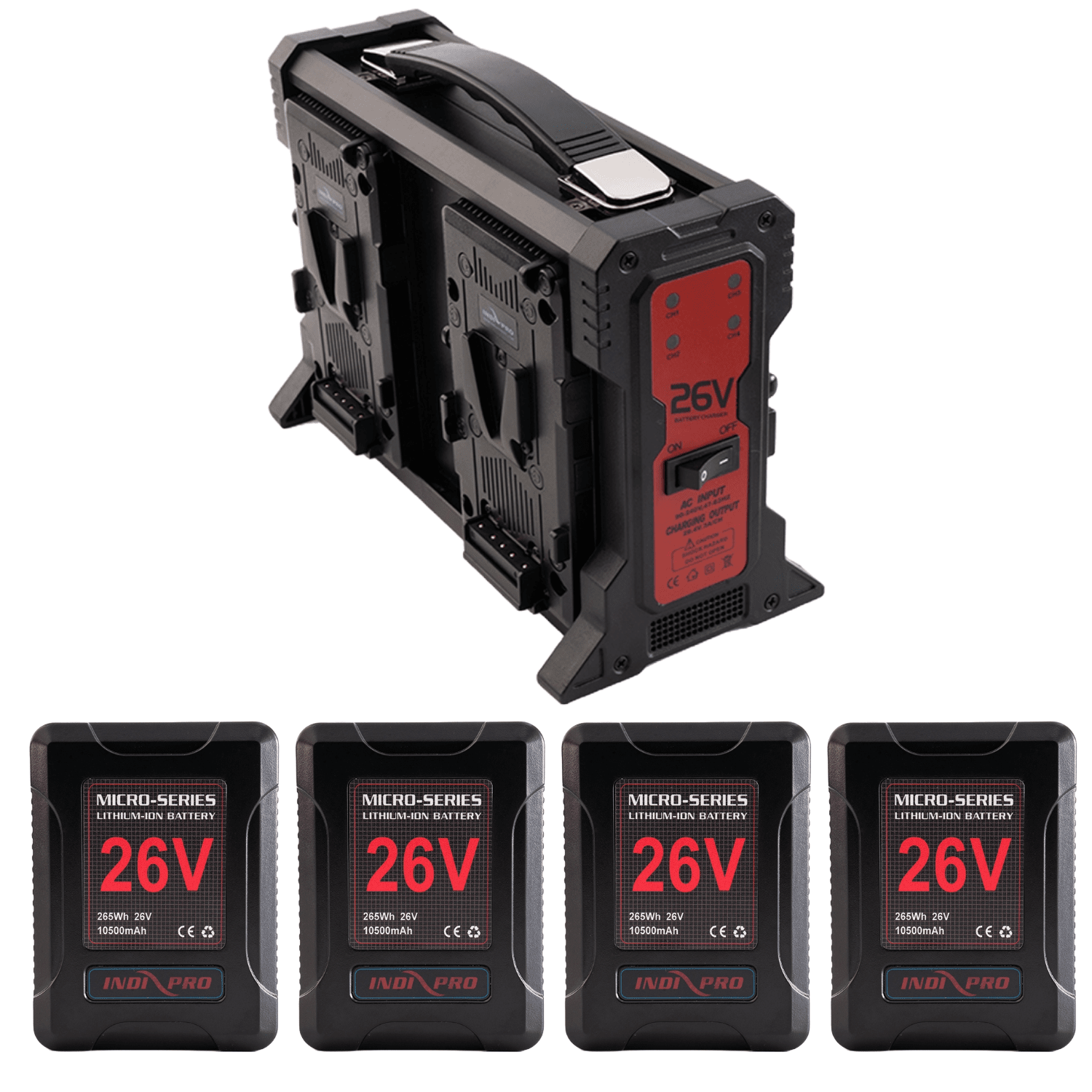 Micro-Series 26V 260Wh 4-Battery Kit with Quad Charger (V-Mount) Battery Kit Indipro