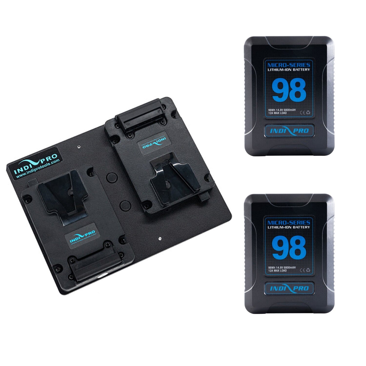 2x Micro-Series 98Wh Li-Ion Batteries with Hot-Swap Dual V-Mount Adapter Plates to V-Mount Plate Kit Battery Kit Indipro Tools