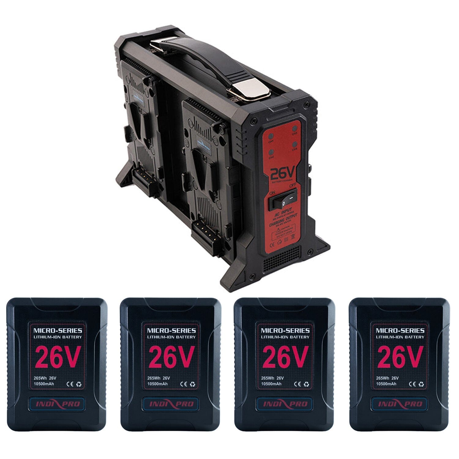 4x Micro-Series 26V 260Wh Lithium-Ion Batteries with Quad 26V V-Mount Lithium-Ion Battery Charger Kit Battery Kit Indipro Tools
