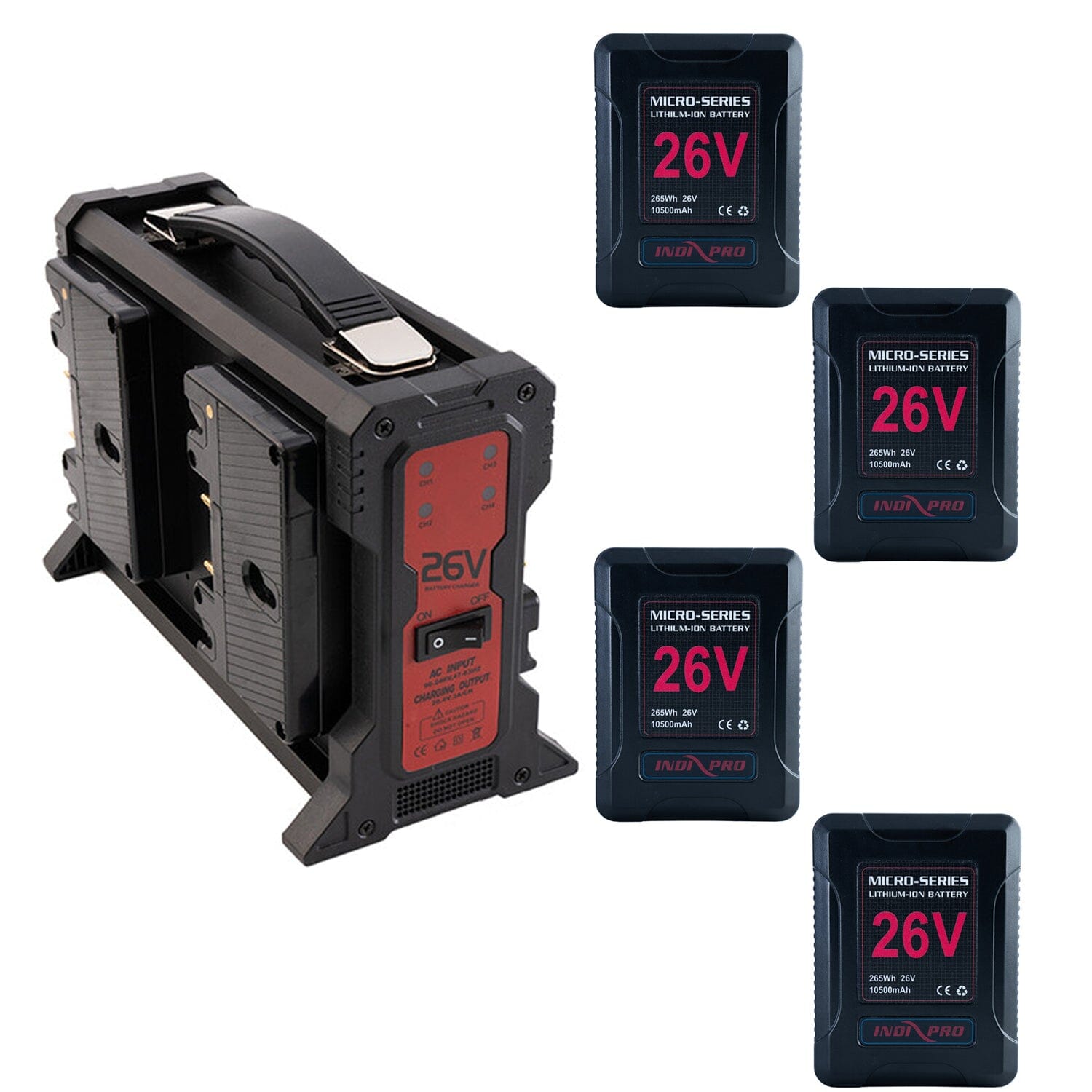 4x Micro-Series 26V Gold Mount 260Wh Lithium-Ion Batteries with Quad 26V Gold Mount Lithium-Ion Battery Charger Kit Battery Kit Indipro Tools