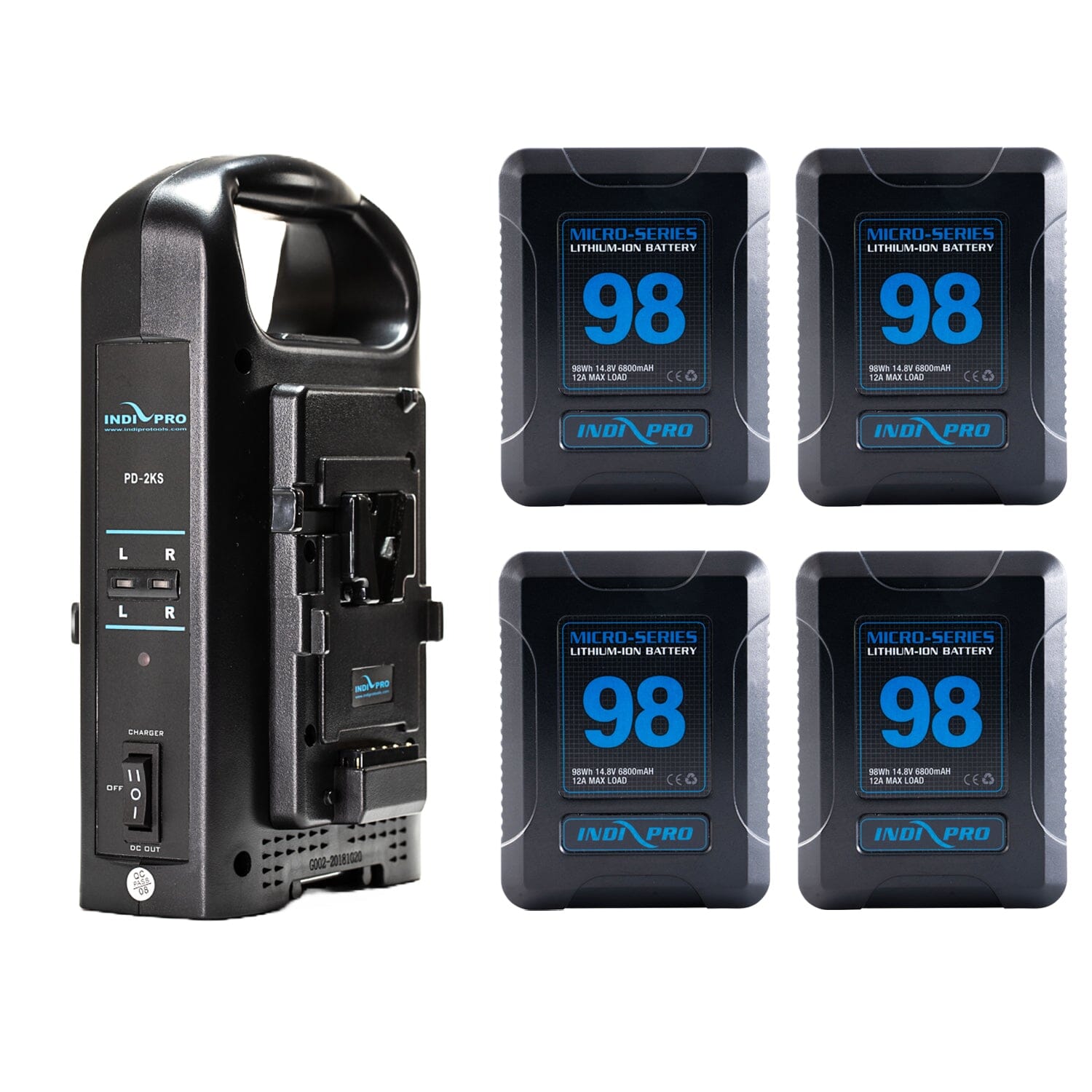 4x Micro-Series 98Wh Li-Ion Gold Mount Batteries with Dual Gold Mount Battery Charger Kit Indipro Tools