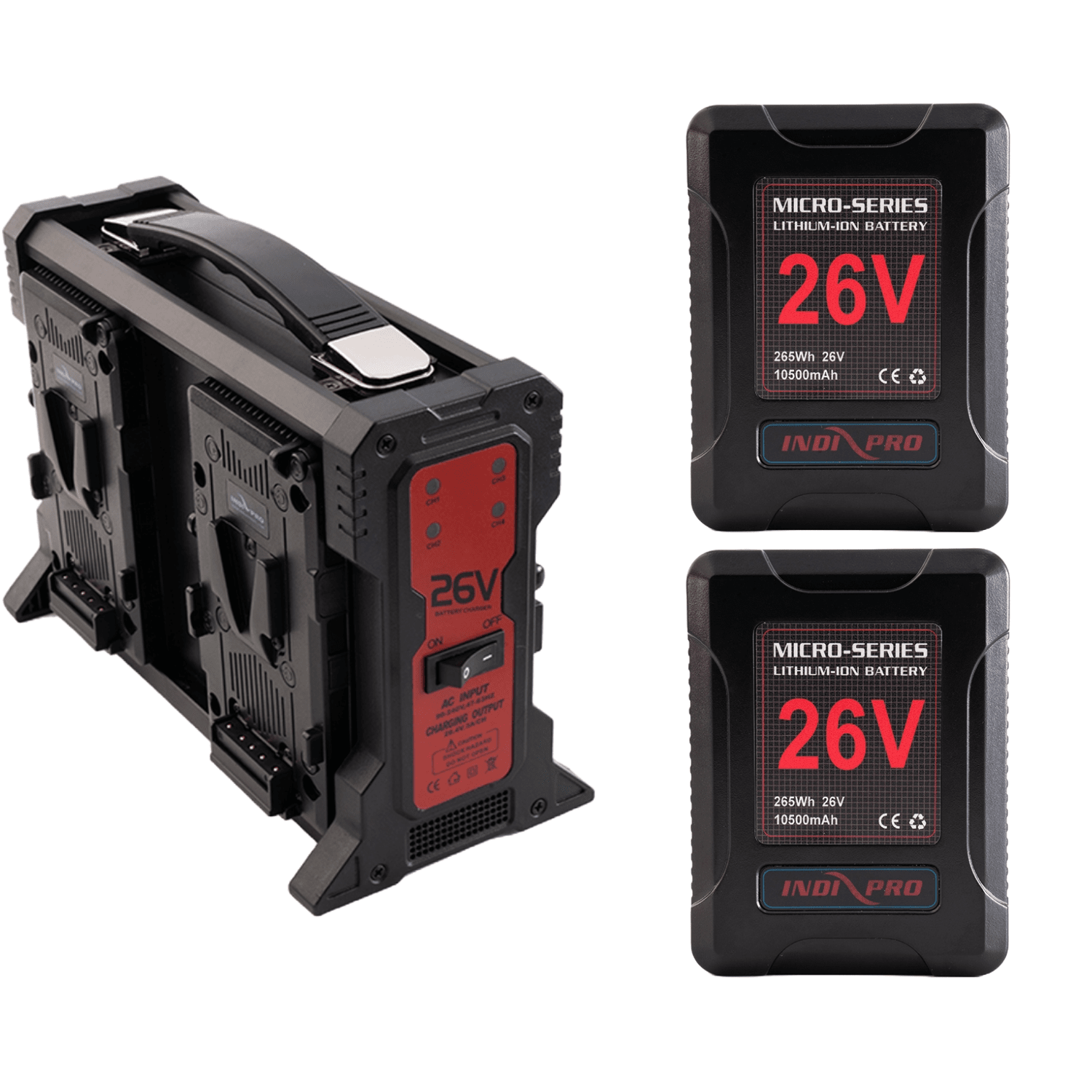 Indipro 2x Micro-Series 26V 265Wh V-Mount Li-Ion Batteries and 26V V-Mount Quad Charger Kit Battery Kit Indipro 