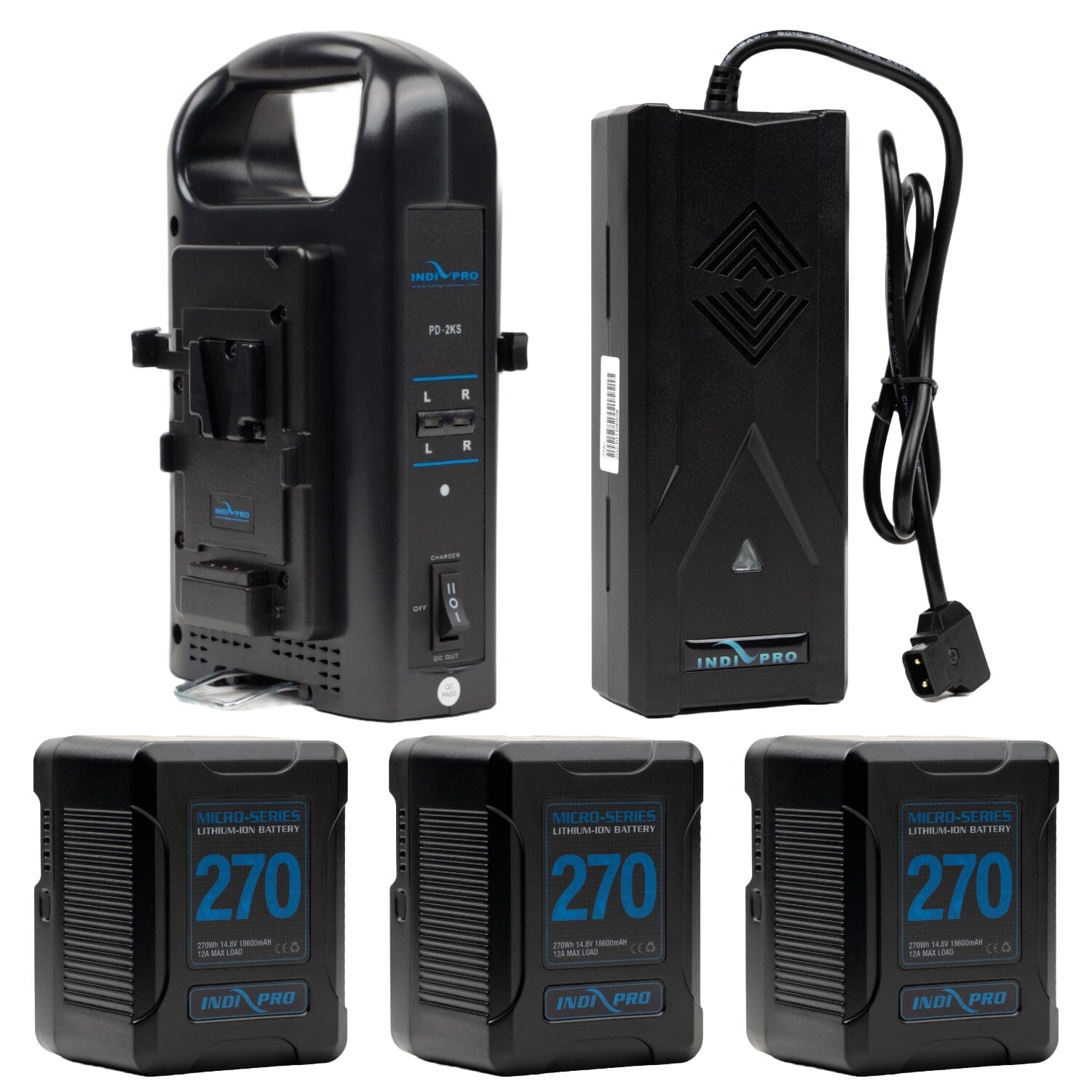 Indipro 3x Micro-Series 270Wh V-Mount Li-Ion Batteries, Dual V-Mount Battery Charger and D-Tap to Pro Battery Supercharger Kit Battery Kit Indipro Tools 