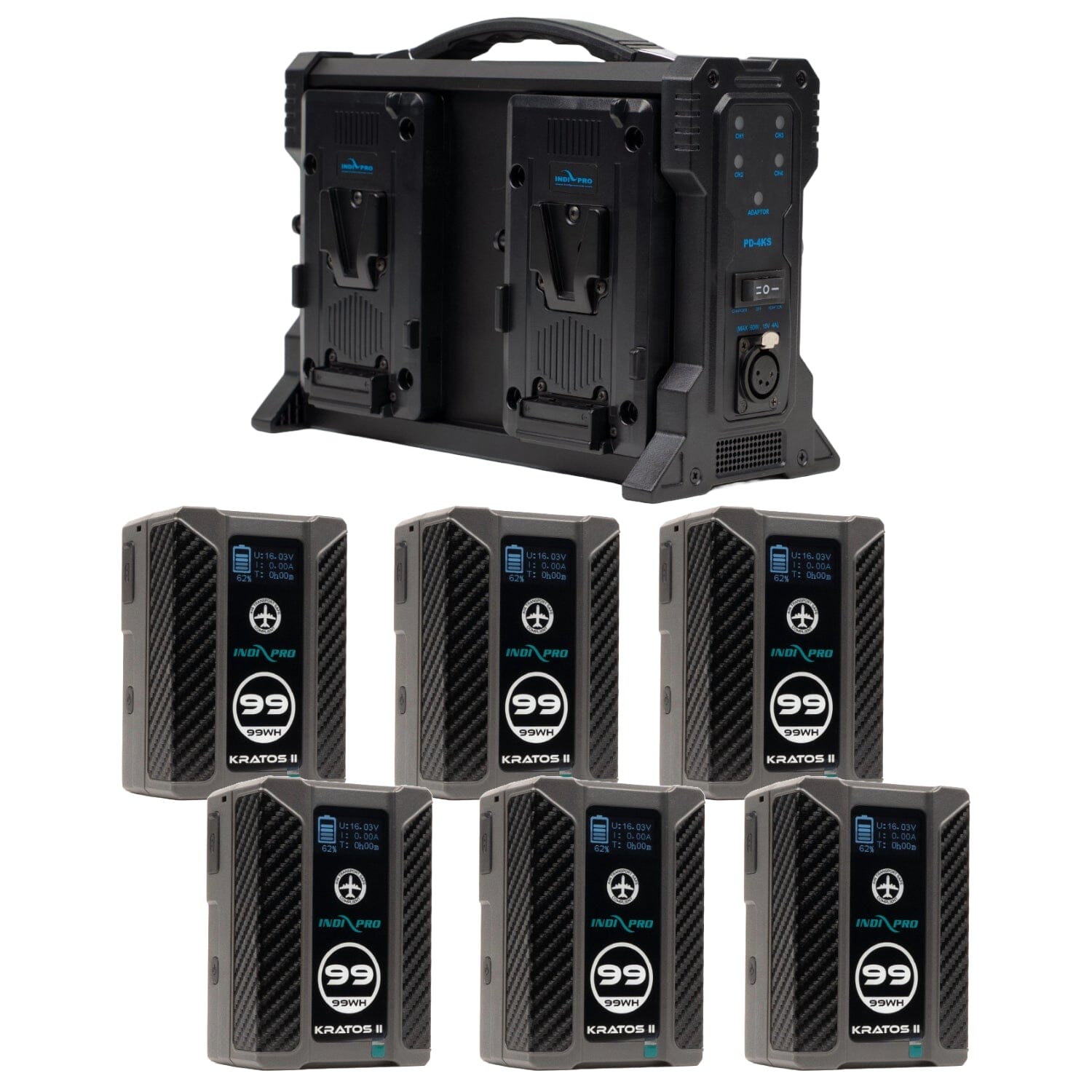 Indipro 6x Kratos 99Wh V-Mount Li-Ion Batteries and Quad V-Mount Battery Charger Kit Battery Kit Indipro Tools 