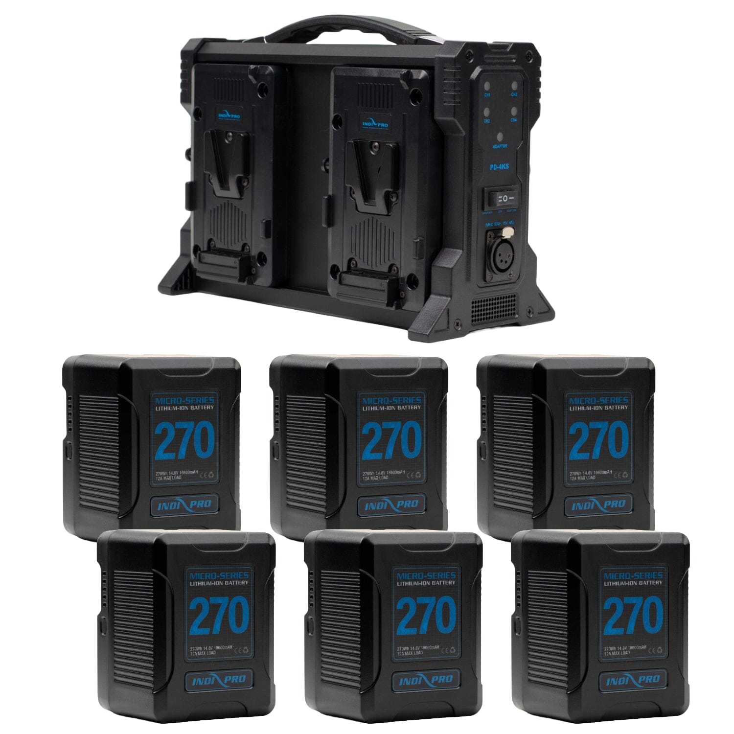 Indipro 6x Micro-Series 270Wh V-Mount Li-Ion Batteries and Quad V-Mount Battery Charger Kit Battery Kit Indipro Tools 