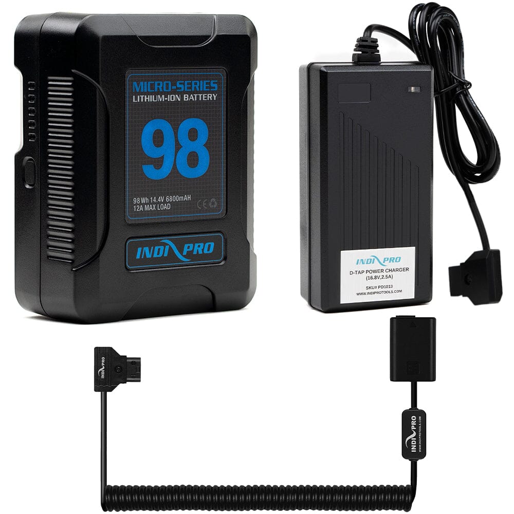 Indipro Micro Series 98Wh V-Mount Battery, Charger & Coiled D-Tap to Sony NP-FW50 Battery Bundle Battery Bundle Indipro 