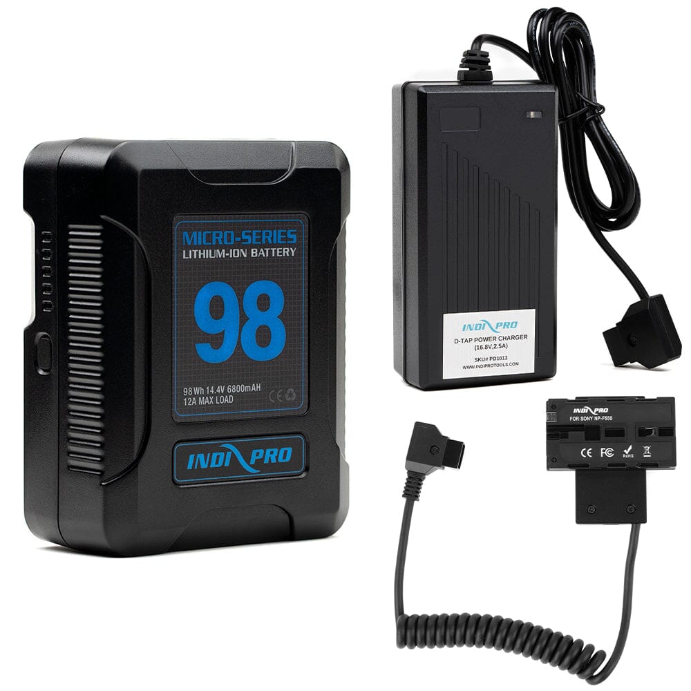 Indipro Micro Series 98Wh V-Mount Battery, Charger & D-Tap to Dual-Sided NP-F Battery Bundle Battery Bundle Indipro 