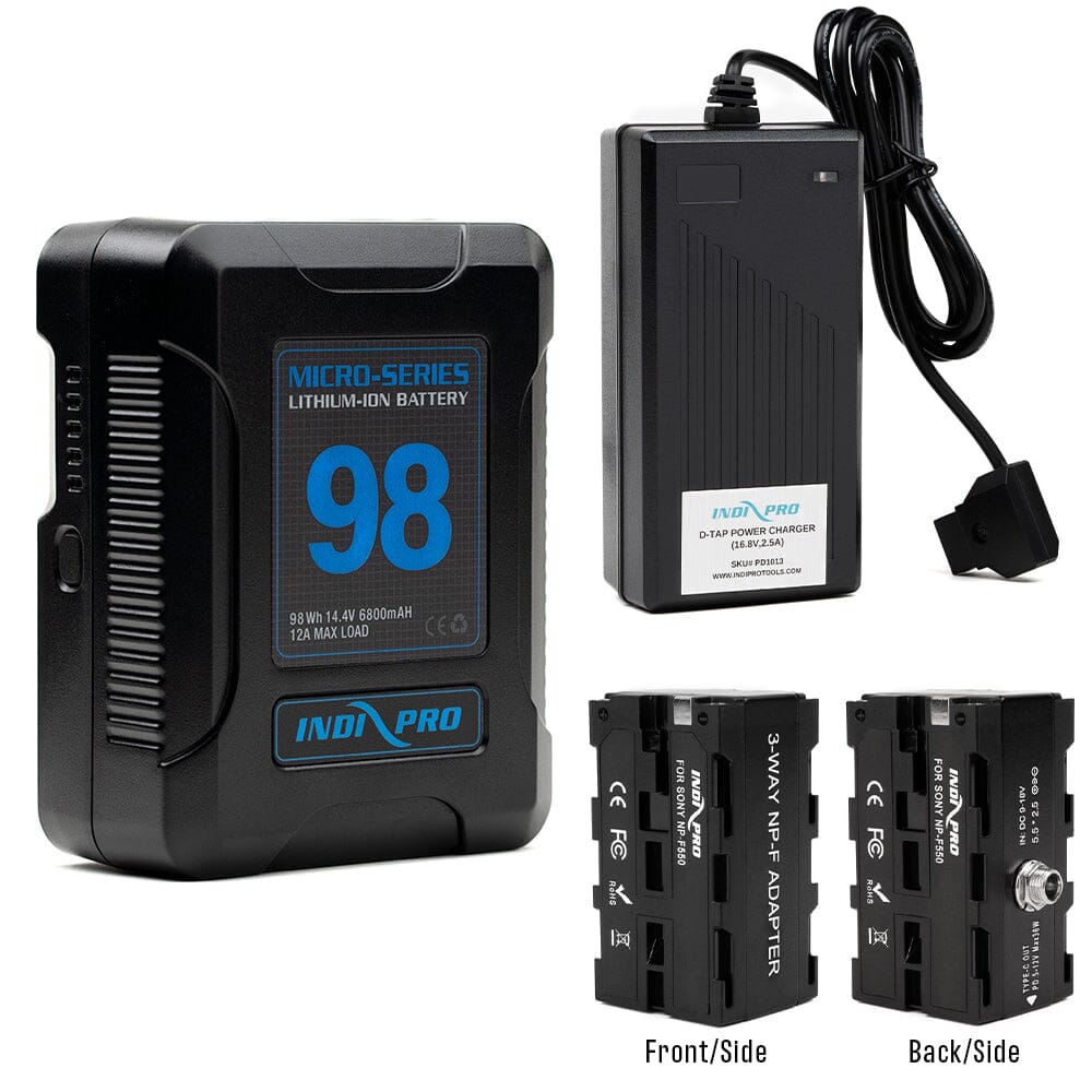 Indipro Micro Series 98Wh V-Mount Battery, Charger & Dual-Sided Sony NP-F Battery Bundle Battery Bundle Indipro 