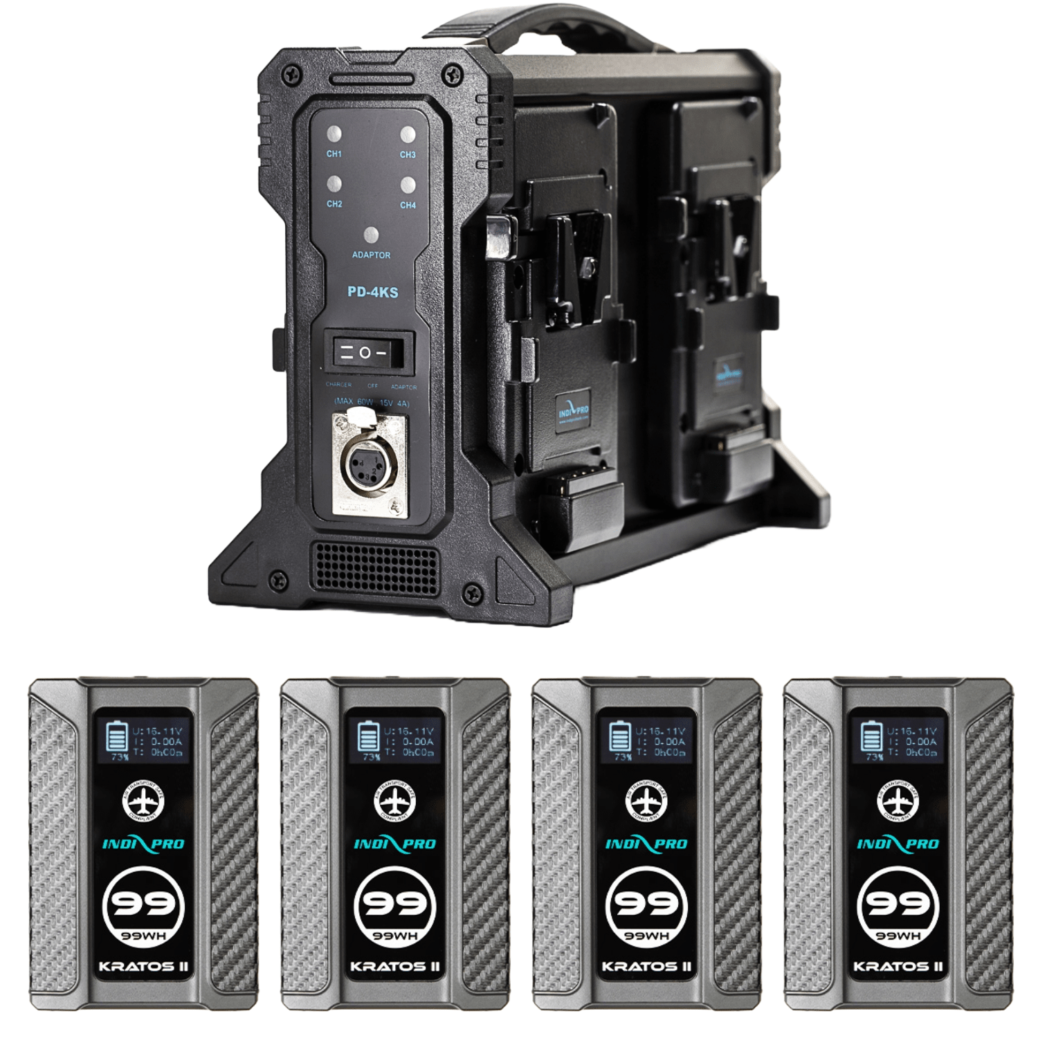Kratos II (99Wh) 4-Battery Kit with Quad Pro Charger (V-Mount) Battery Kit Indipro 