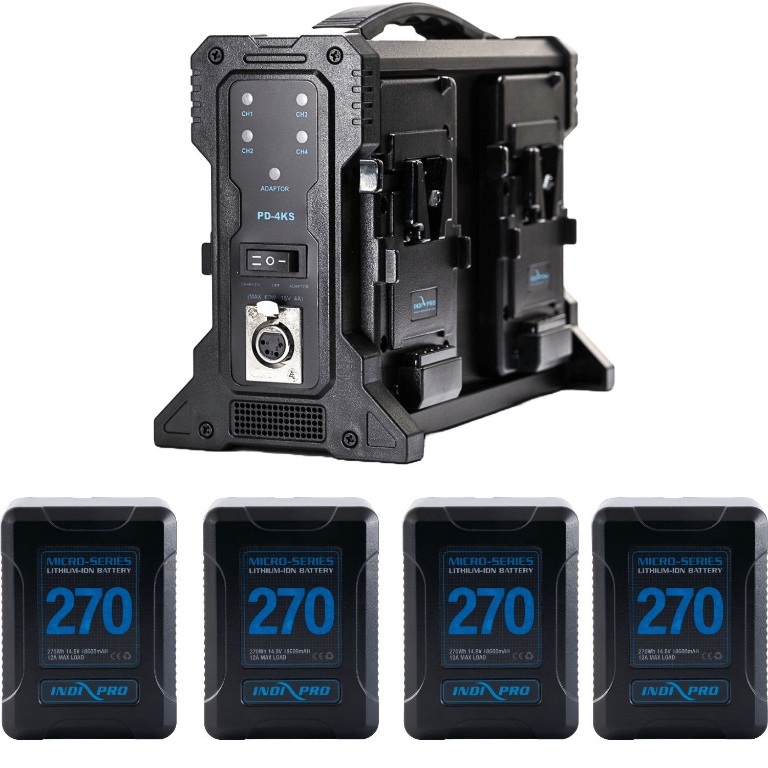 Micro-Series 270Wh 4-Battery Kit with Quad Pro Charger (V-Mount) Battery Kit Indipro Tools 