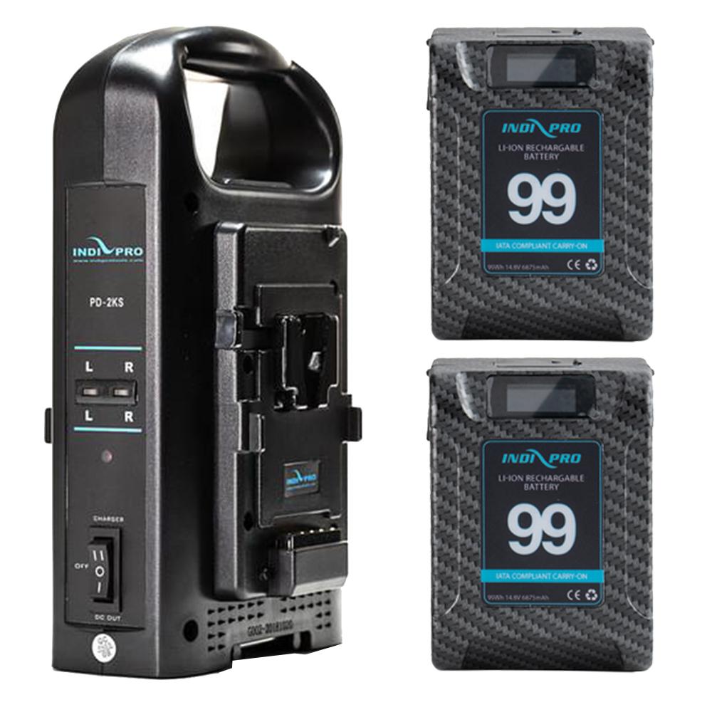 2x Micro Alpha Series 99Wh V-Mount Li-Ion Batteries (Carbon Fiber Color) and Dual V-Mount Battery Charger Kit Indipro 