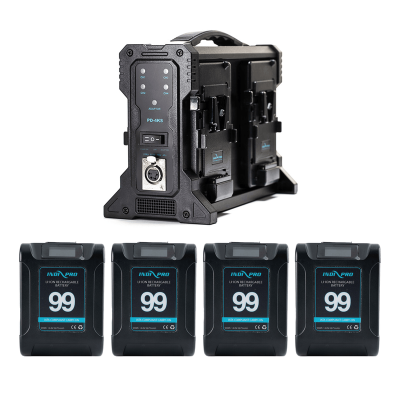 4x Micro Alpha Series 99Wh V-Mount Li-Ion Batteries (Black Color) and Quad V-Mount Battery Charger Kit Indipro 