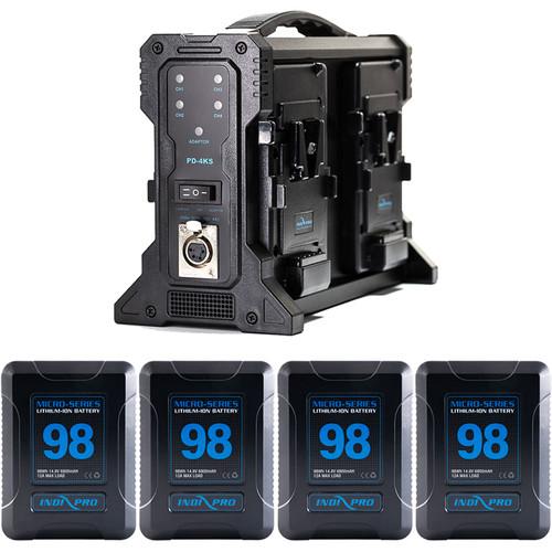 4x Micro-Series 98Wh V-Mount Li-Ion Batteries and Quad Pro V-Mount Battery Charger Kit Indipro 